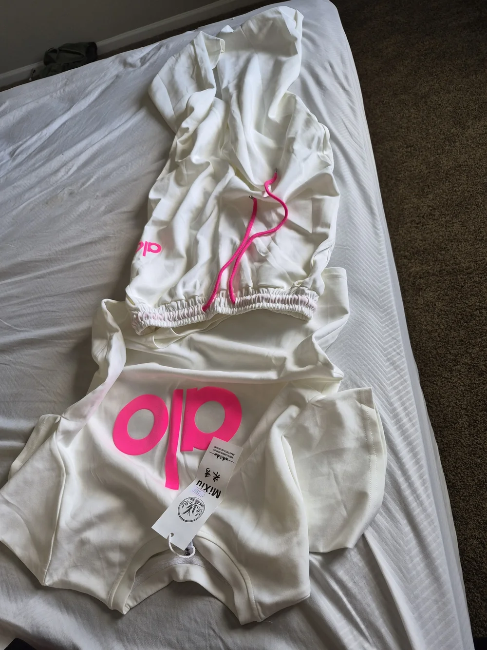 ALO Yoga White Shorts with Neon Pink Logo